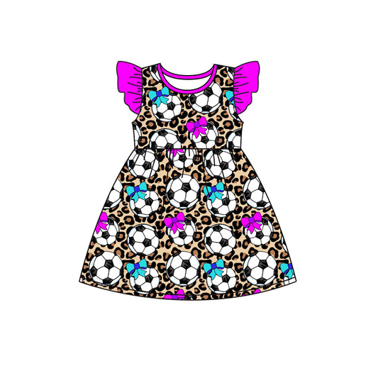 Baby Girls Soccer Bow Leopard Flutter Sleeve Knee Length Dresses preorder(moq 5)