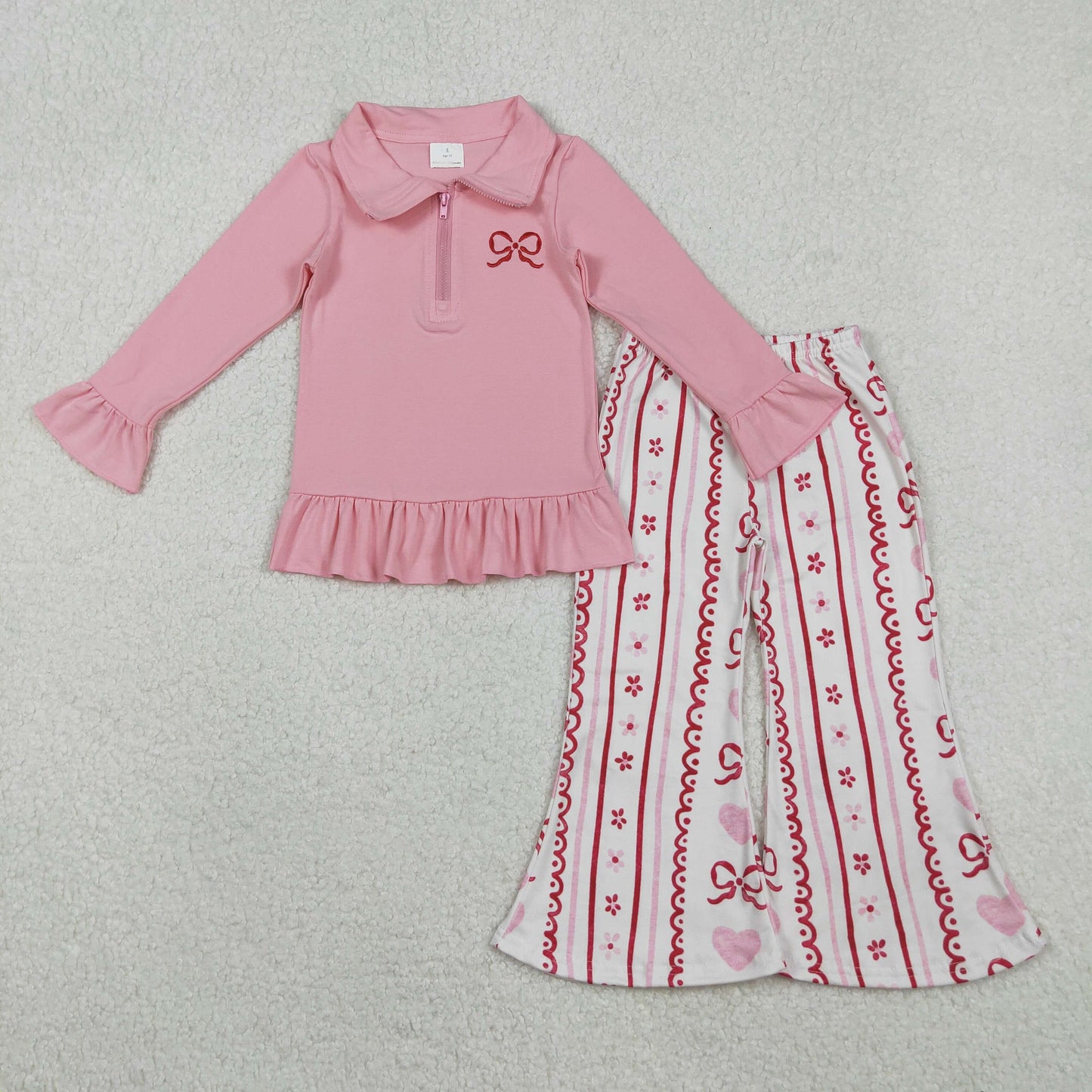 Embroidery Bow Baby Girls Pink Zipper Pullovers Stripe Bell Bottom Pants Valentines Clothes Set