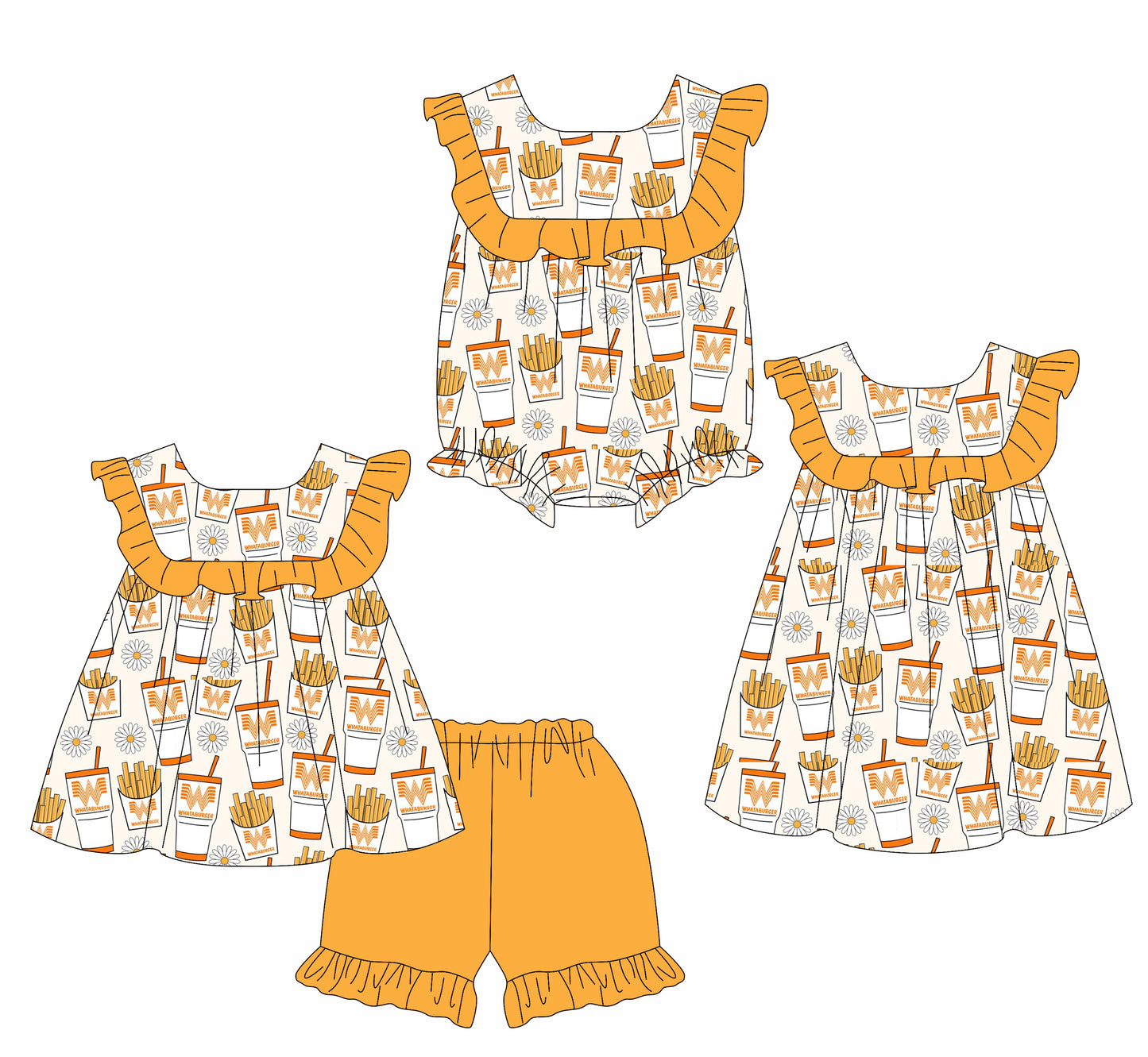 Preorder moq 5 Custom Baby Girls Yellow Sleeveless Chip Tunic Ruffle Short Set Dress And Rompers