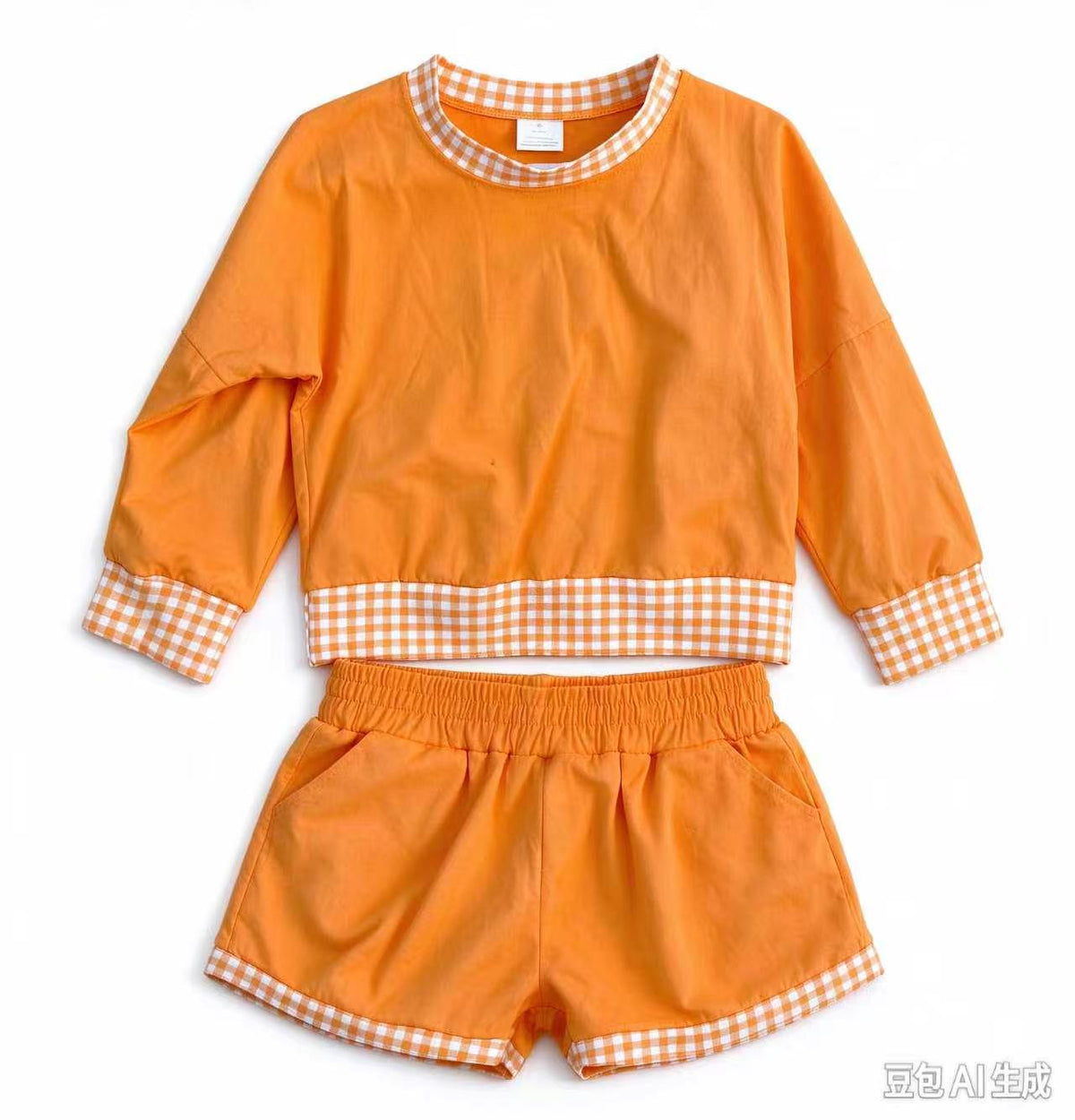 Preorder (moq 5) Baby Girl Clothes Orange Plain Top Orange Gingham Binding Long Sleeve Cropped Top Short Pant Outfit