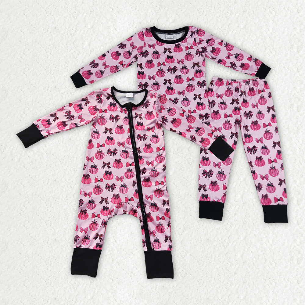 Sibling Baby Girls Long Sleeves Bows Pumpkins Top Pant Fall Clothes Set Zip Rompers
