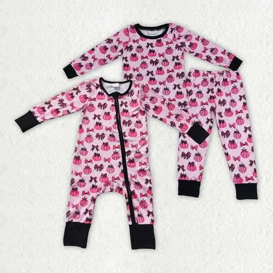 Sibling Baby Girls Long Sleeves Bows Pumpkins Top Pant Fall Clothes Set Zip Rompers