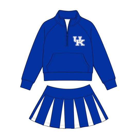 Preorder (moq 5)Baby Girls Zip Pocket UK Pullover Blue White Skirt Short Team Clothes Set