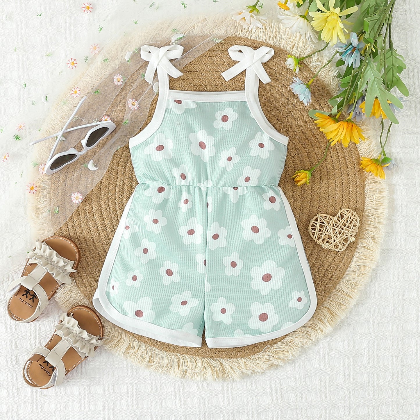 Baby Girls Green White Flowers Milk Silk Shorts Jumpsuits preorder(moq 5)