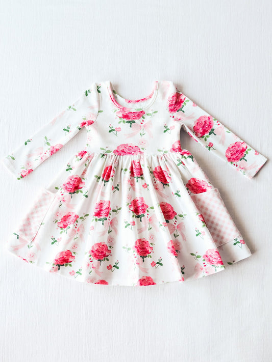 Baby Girls Pink Flowers Pockets Long Sleeve Knee Length Dresses Preorder(moq 5)