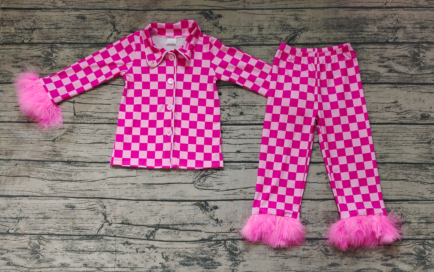 Baby Girls Dark Pink Checkered Buttons Top Pants Fur Pajamas Clothes Sets