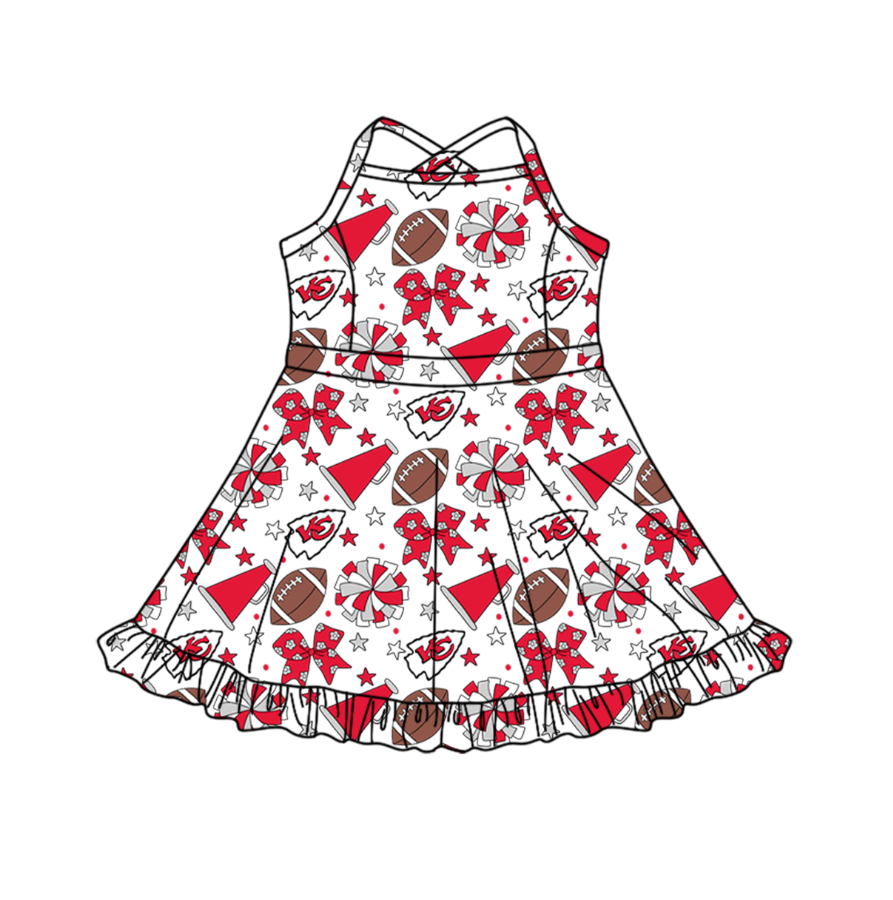 Preorder (moq 5)Baby Girls Strap Bows Stars Footballs Team Shorts Ruffle Knee Length Dress