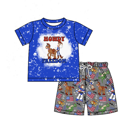 Baby Boys Howdy 4th Of July Cartoon Shirts Top Shorts Pajamas Clothes Sets Preorder(moq 5)