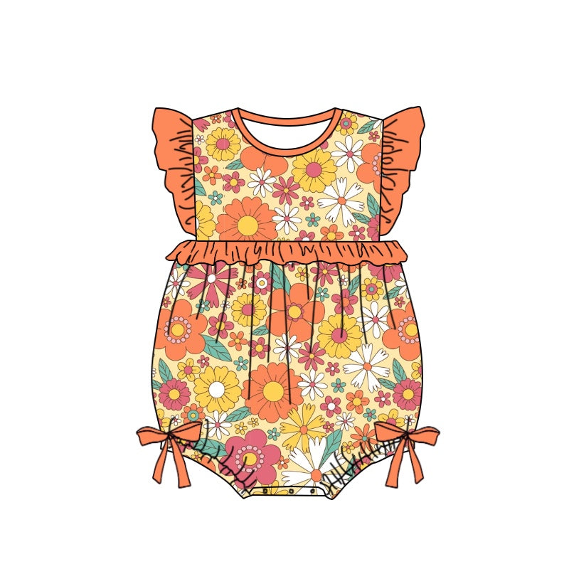 Baby Infant Girls Orange Flowers Flutter Sleeve Rompers preorder(moq 5)