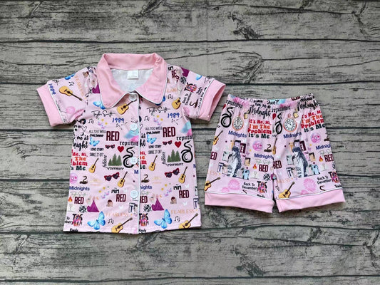 Baby Girls Pink Singer Buttons Shirts Shorts Pajamas Clothes Sets