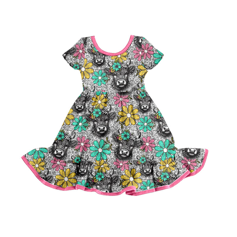 Baby Girls Highland Cows Western Ruffle Knee Length Dresses Preorder(moq 5)