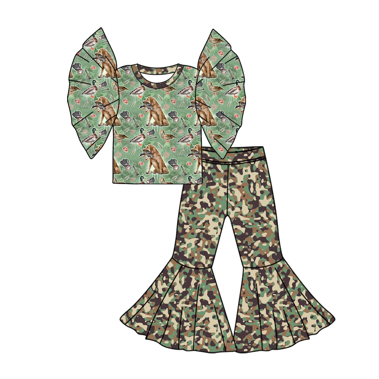 Preorder (moq 5)Baby Girls Dog Duck Hunting Shirt Camo Bell Pants Clothes Sets