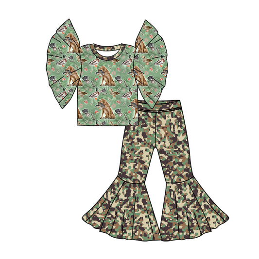Preorder (moq 5)Baby Girls Dog Duck Hunting Shirt Camo Bell Pants Clothes Sets