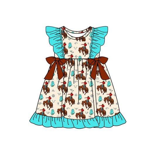 Preorder (moq 5)Baby Girls Western Rodeo Rhinestone Bows Knee Length Dresses