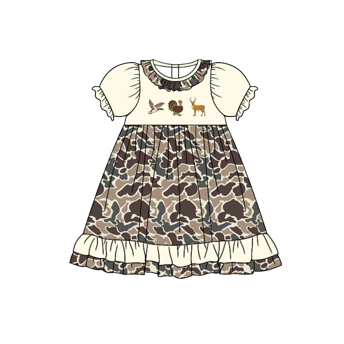 Baby Girls Turkey Camo Short Sleeve Ruffle Knee Length Dresses Preorder(moq 5)