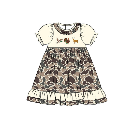 Baby Girls Turkey Camo Short Sleeve Ruffle Knee Length Dresses Preorder(moq 5)