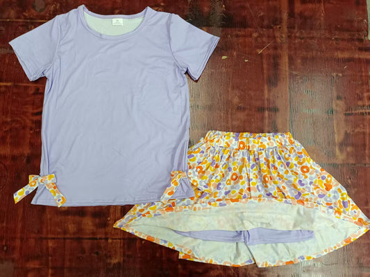Preorder moq 5 Baby Girls Lavender Short Sleeves Bows Top Leopard Skort Set
