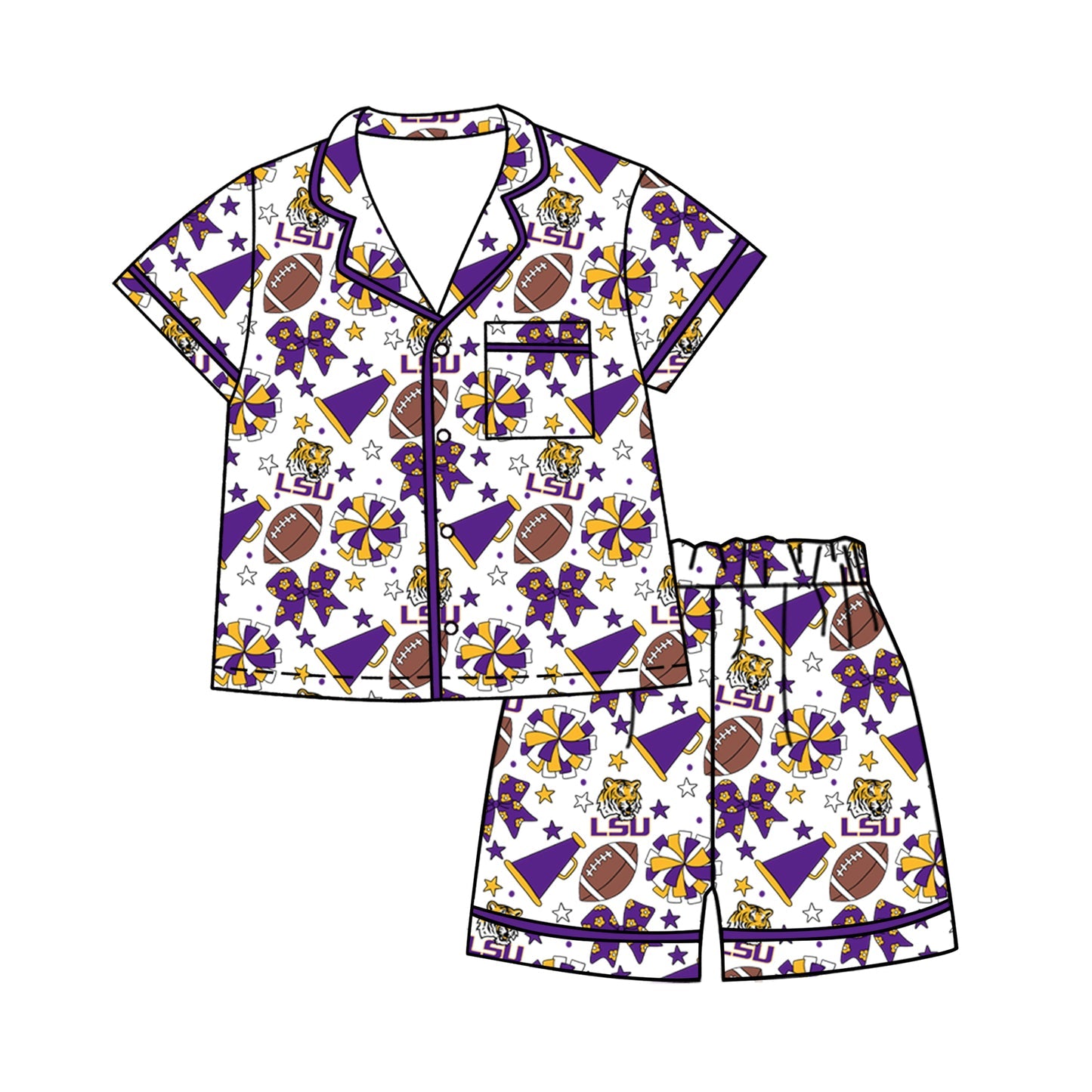 Preorder (moq 5)Baby Girls Footballs Bows Button Pocket Top Short Team Clothes Sets