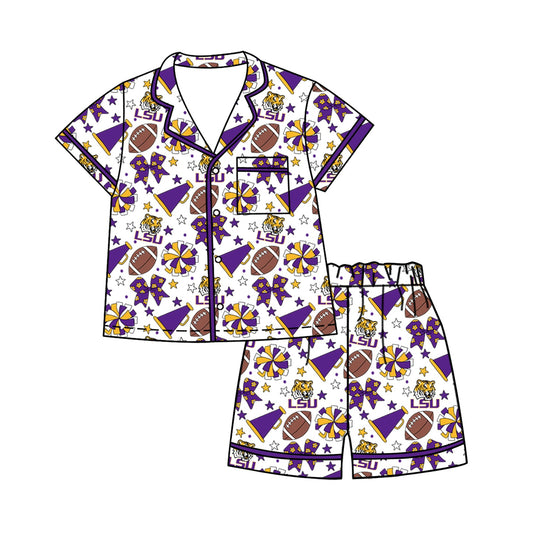 Preorder (moq 5)Baby Girls Footballs Bows Button Pocket Top Short Team Clothes Sets