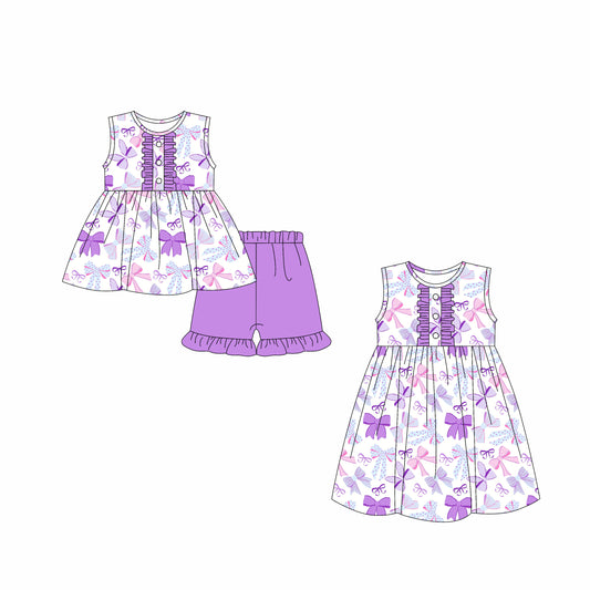 Preorder moq 5 Custom Baby Girls Button Lavender Bows Tunic Ruffle Short Set Knee Length Dresses