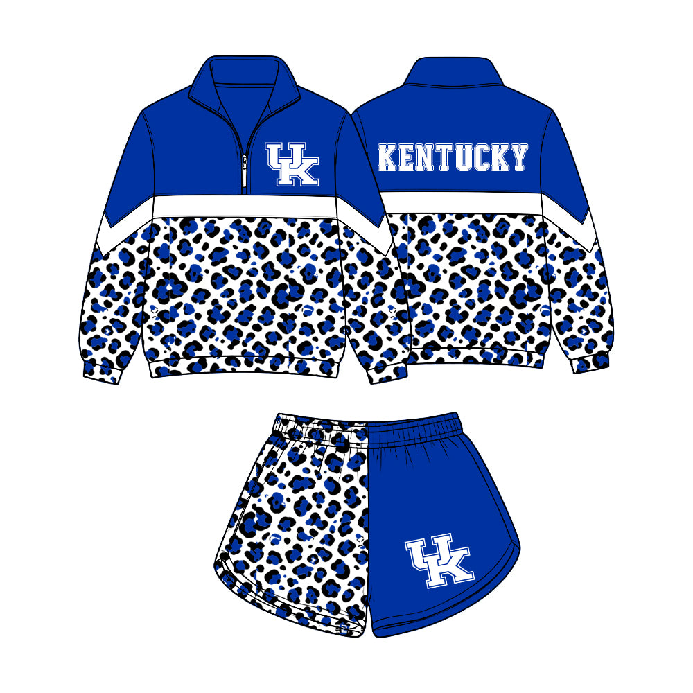 Preorder (moq 5)Baby Girls Black Blue Leopard Kentucky Zip Pullovers Short Team Clothes Set