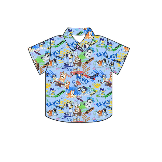 Baby Boys Blue Dog Back To School Buttons Short Sleeve Tee Shirts Tops preorder(moq 5)