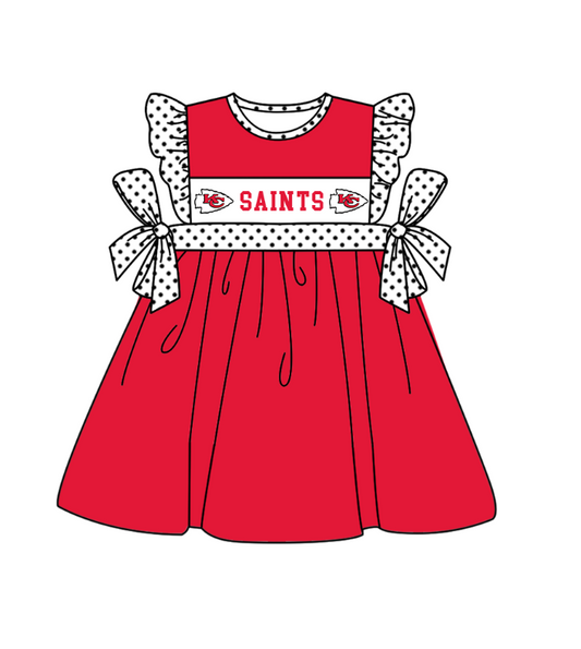 Preorder (moq 5)Baby Girls Polka Dots Flutter Sleeve Saints Team Knee Length Dresses