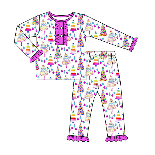 Baby Girls Colorful Christmas Tree Top Pants Pajamas Clothes Sets Preorder(moq 5)