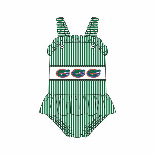 Preorder (moq 5)Baby Girls Strap Green Stripe Crocodiles Tunic Bummies Team Rompers