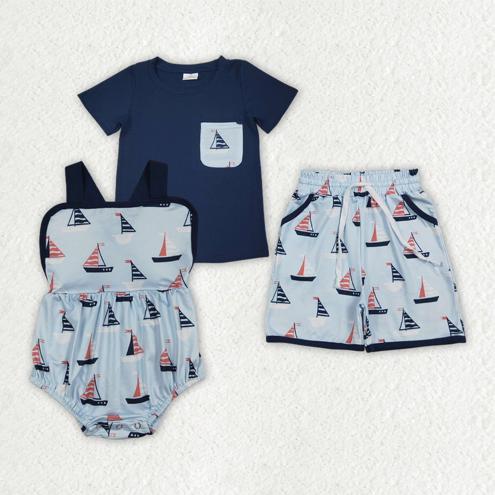 Sibling Baby Boys Boats Shirt Top Short Clothes Set Strap Rompers