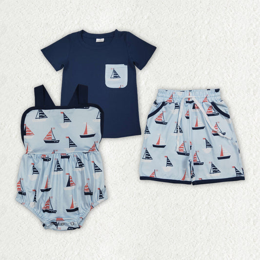 Sibling Baby Boys Boats Shirt Top Short Clothes Set Strap Rompers