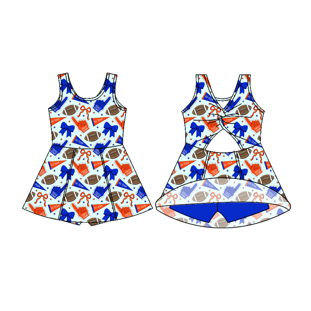 Preorder (moq 5)Baby Girls Sleeveless Orange Blue Bows Footballs Shorts Team Knee Length Dress