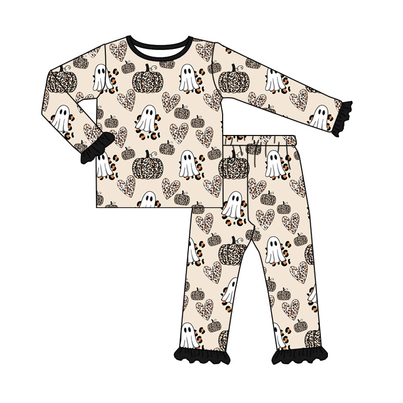 Baby Girls Halloween Ghost Pumpkin Hearts Shirt Top Pants Pajamas Clothes Sets Preorder(moq 5)