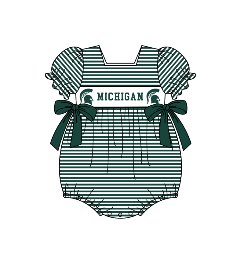 Preorder (moq 5)Baby Girls Short Sleeve Green Stripe Michigan Team Ruffle Rompers