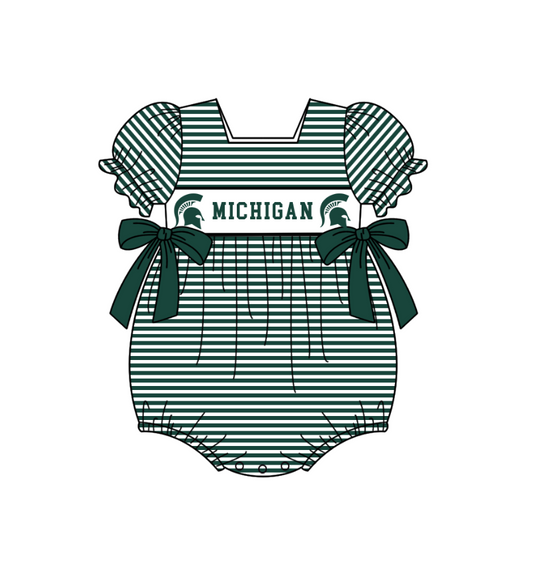 Preorder (moq 5)Baby Girls Short Sleeve Green Stripe Michigan Team Ruffle Rompers