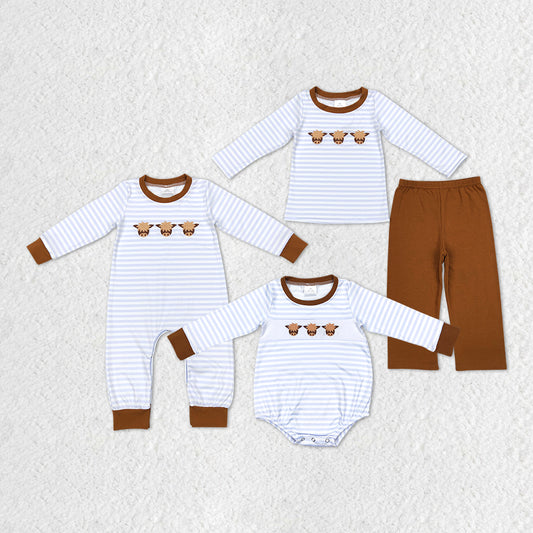 Sibling Baby Boys Stripe Embroidery Highland Cows Pants Western Clothes Sets Rompers