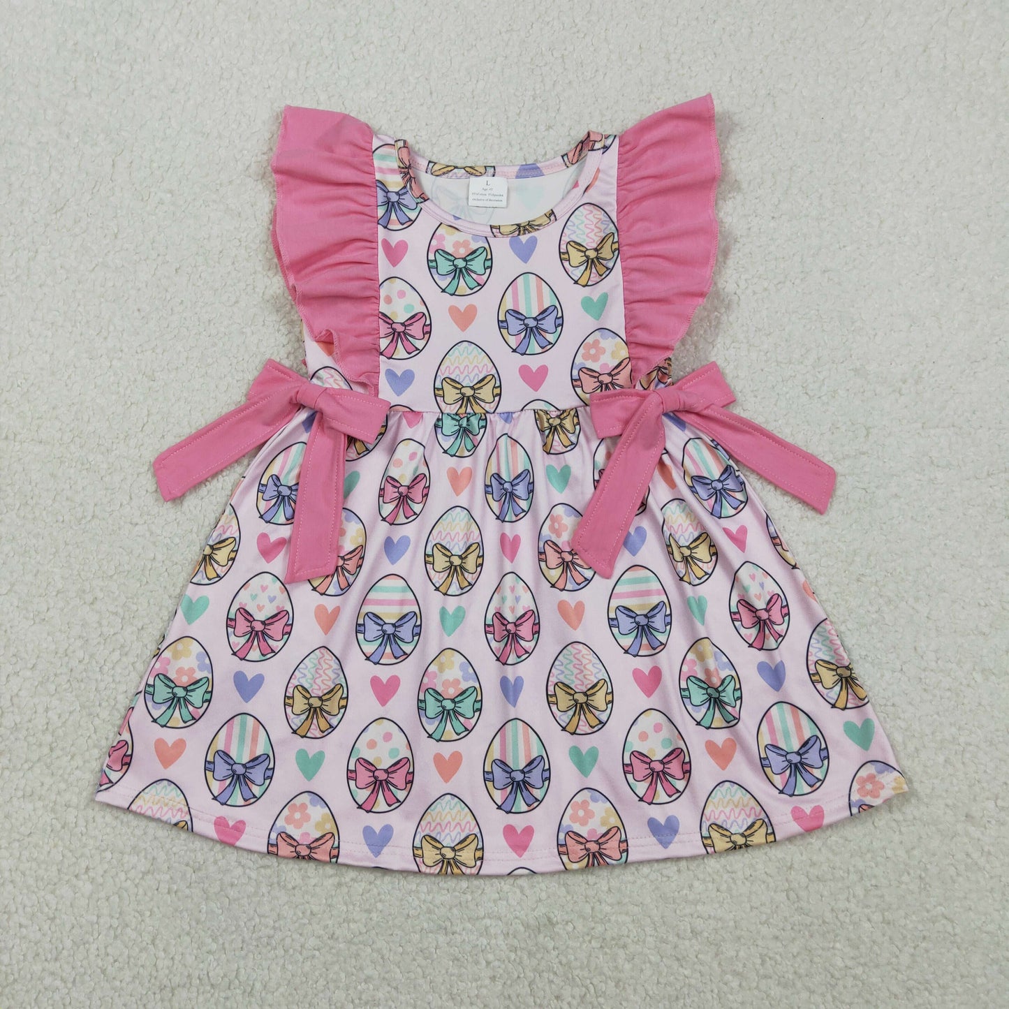 Baby Girls Flutter Sleeve Colorful Heart Eggs Easter Knee Length Dresses