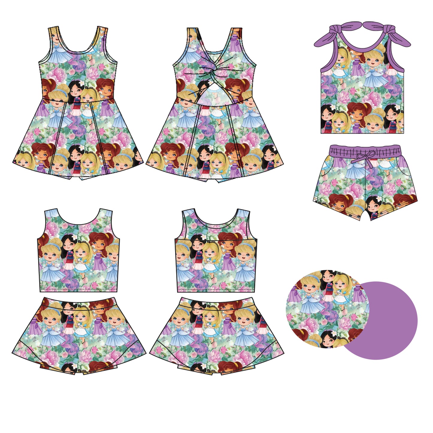 Preorder moq 5 Custom Baby Girls Lavender Sleeveless Princess Flowers Top Skort Set Knee Length Dress Pockets Short Set