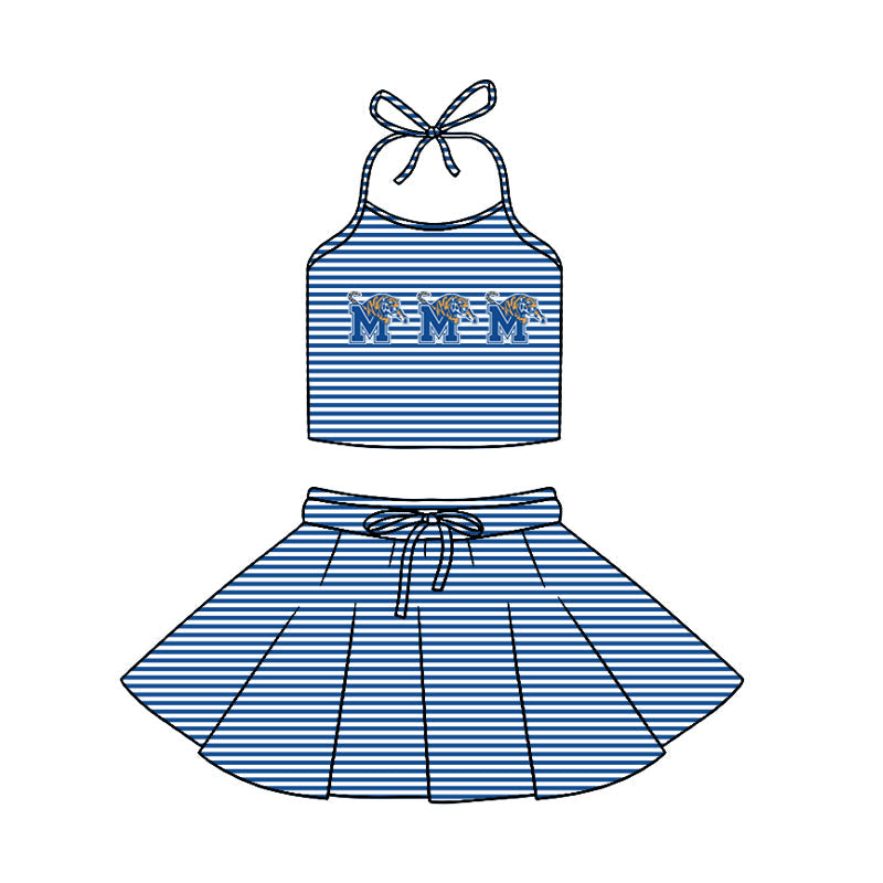 Preorder (moq 5)Baby Girls Strap Blue Stripe M Tigers Vest Top Skirt Shorts 2 Piece Team Swimsuits