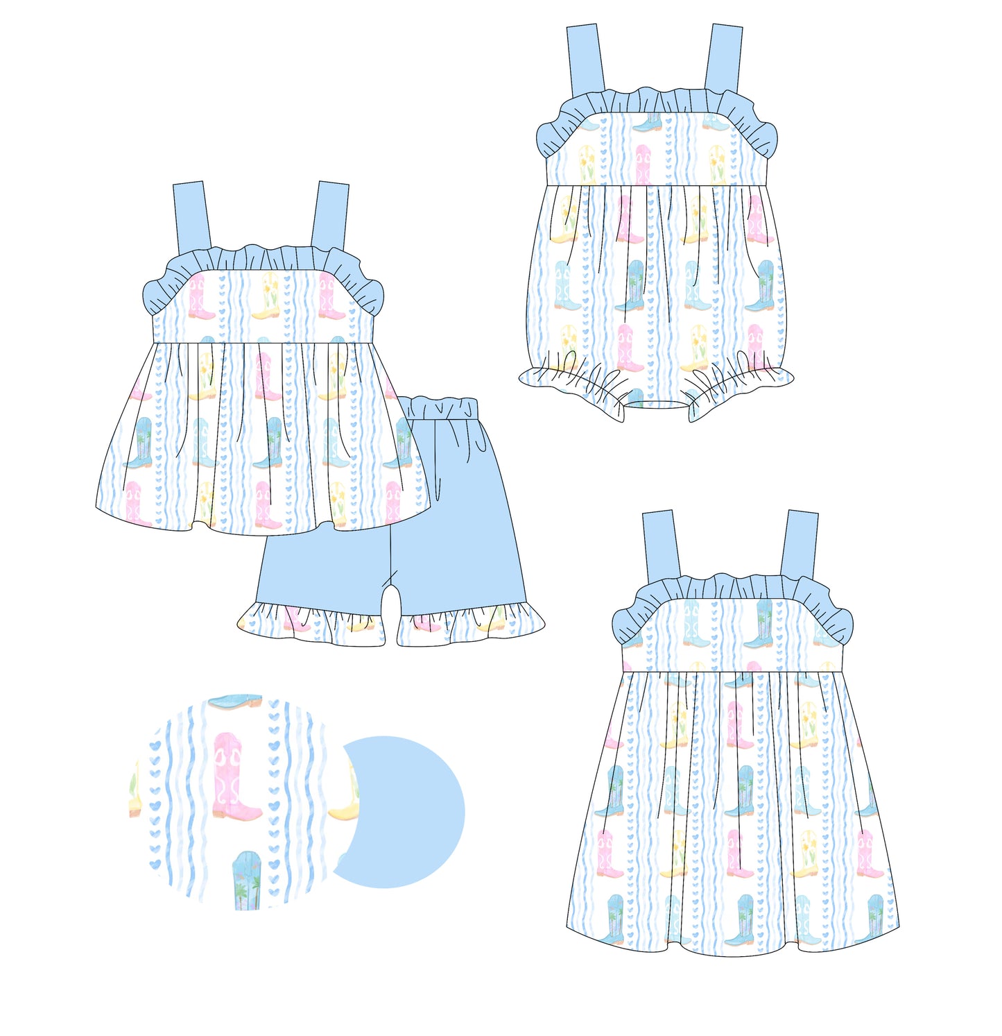 Preorder moq 5 Custom Baby Girls Sleeveless Blue Strap Boots Tunic Ruffle Short Set Dress And Rompers