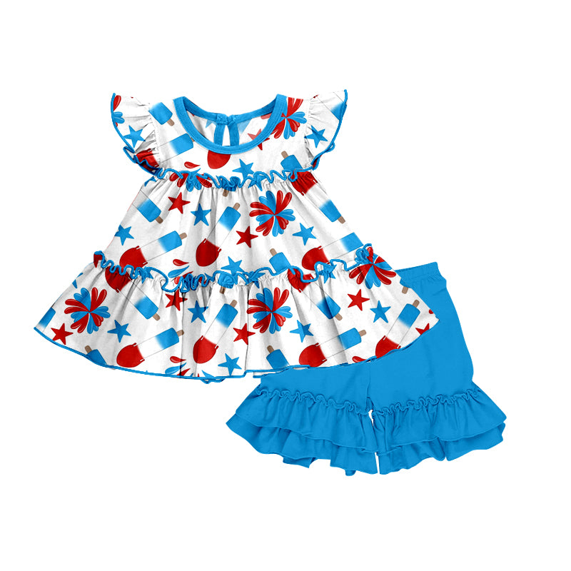 Baby Girls Popsicle 4th Of July Tunic Top Ruffle Shorts Clothing Sets Preorder(moq 5)