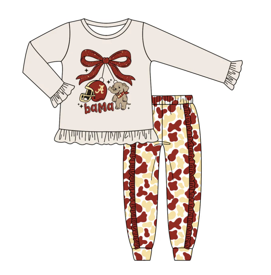 Preorder (moq 5)Baby Girls Grey Alabama Elephant Team Top Ruffle Pants Outfits Sets