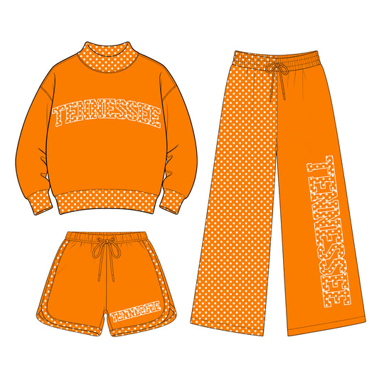Preorder (moq 5) Baby Girls Tennessee Shirt Shorts Flare Pants Team Three Pieces Clothes Sets