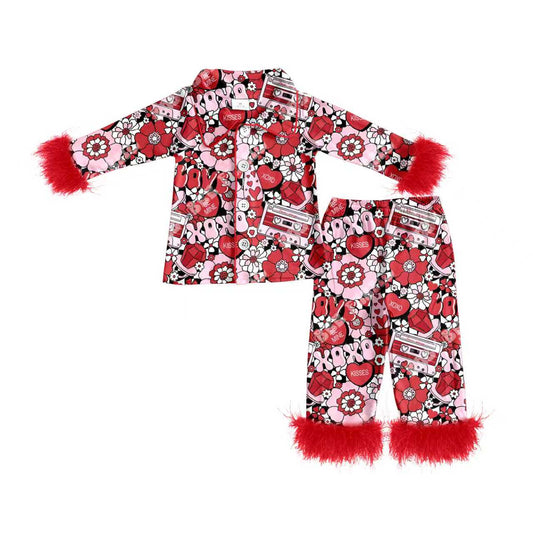 Preorder (moq 5)Baby Girls Hearts Flowers Love Button Top Pants Valentines Fur Sleeve Pajamas Sets