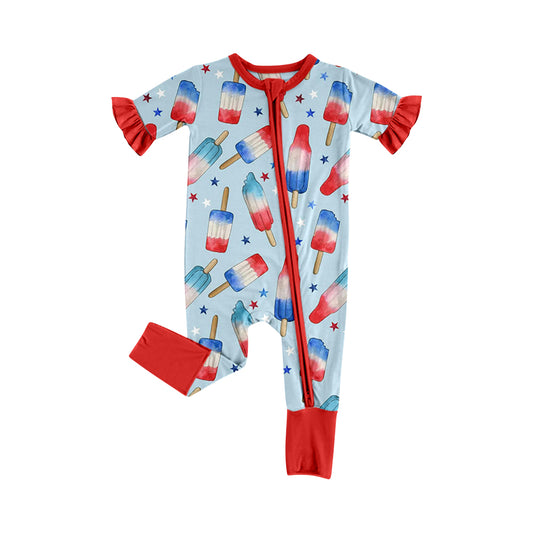 Preorder (moq 5)Baby Girls Red Blue Popsicle Stars 4th of July Two Way Zip Convertible Rompers