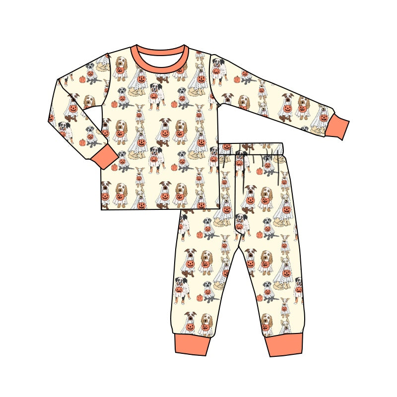 Baby Girls Halloween Dogs Pumpkin Top Pants Pajamas Clothes Sets Preorder(moq 5)