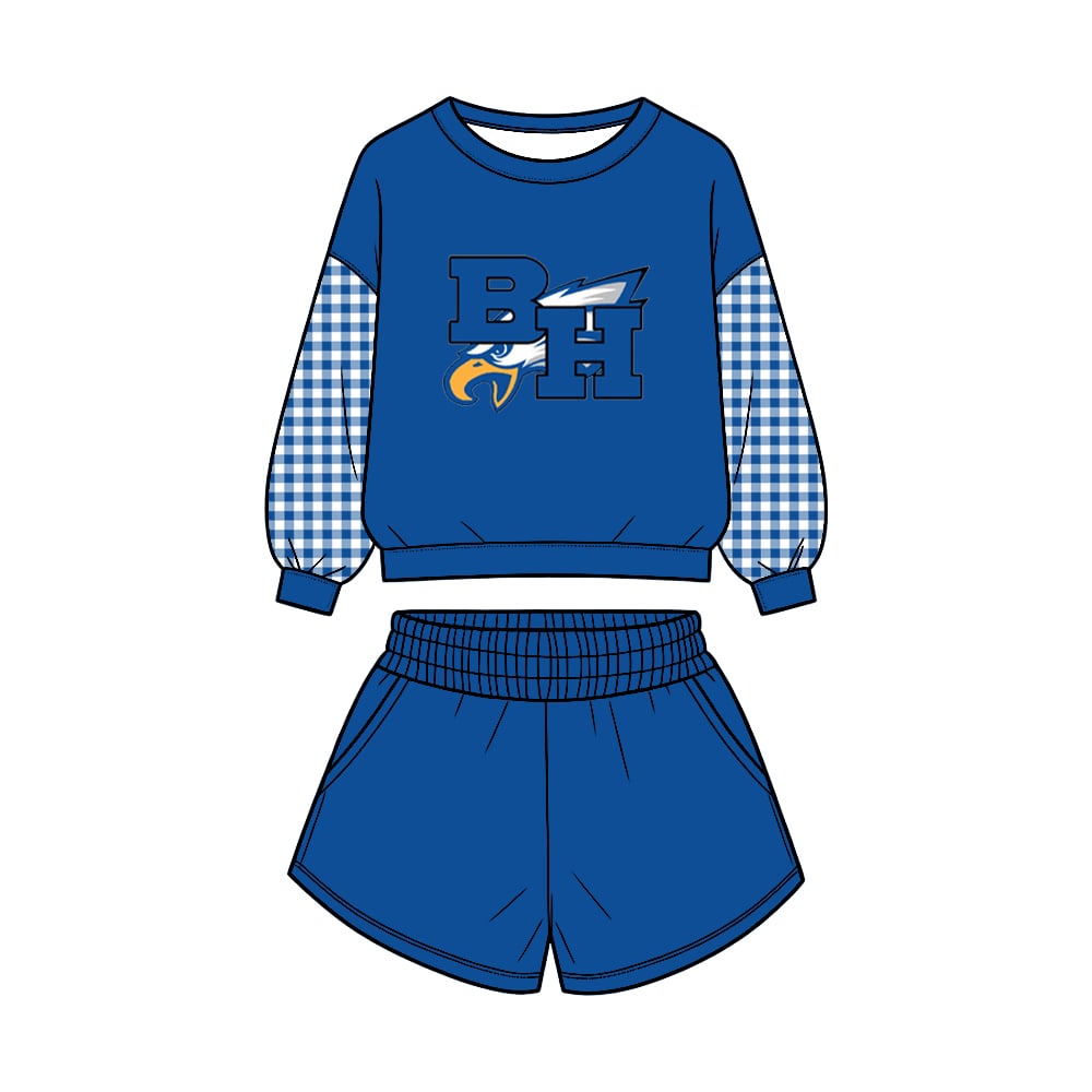 Preorder(moq 5)Baby Girls BH Eagles Long Sleeve Checkered Top Shorts Team Clothes Sets