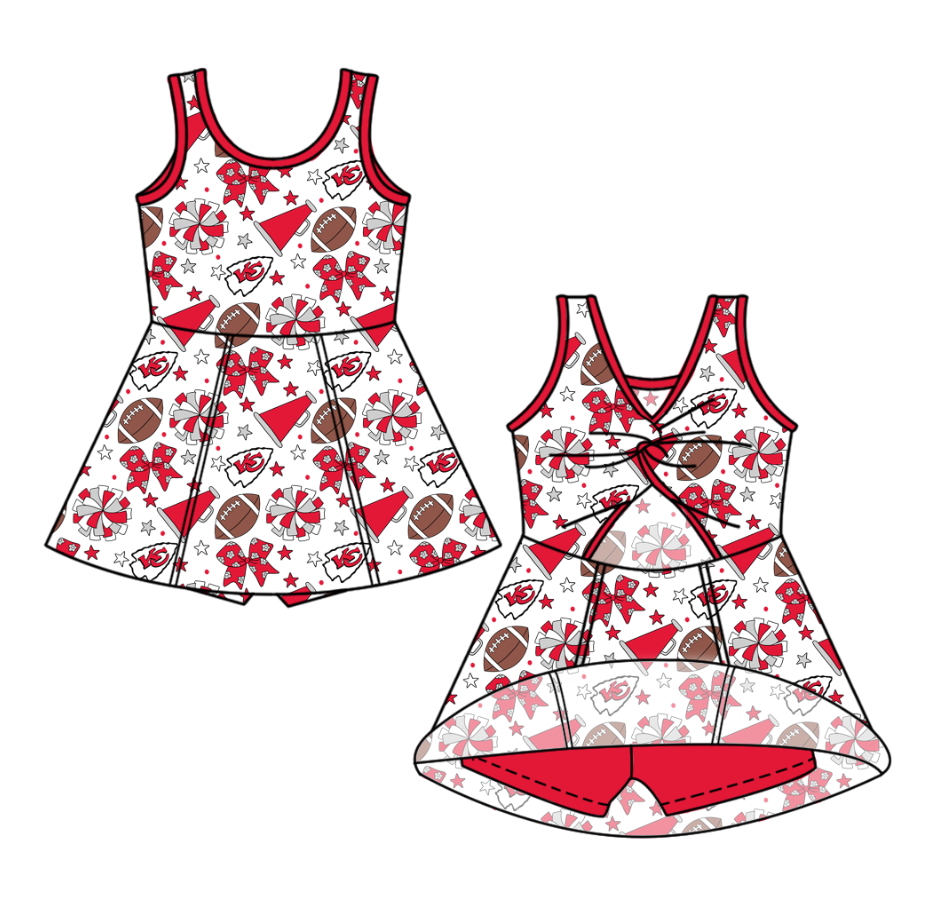 Preorder (moq 5)Baby Girls Sleeveless Bows Stars Footballs Team Shorts Knee Length Dress
