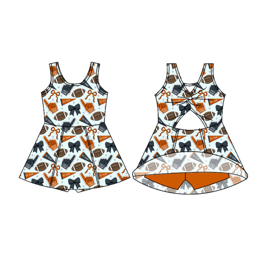 Preorder (moq 5)Baby Girls Sleeveless Orange Navy Bows Footballs Shorts Team Knee Length Dress