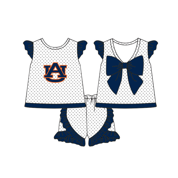 Preorder (moq 5)Baby Girls Auburn Polka Dots Back Bow Tunic Ruffle Shorts Team Clothes Sets